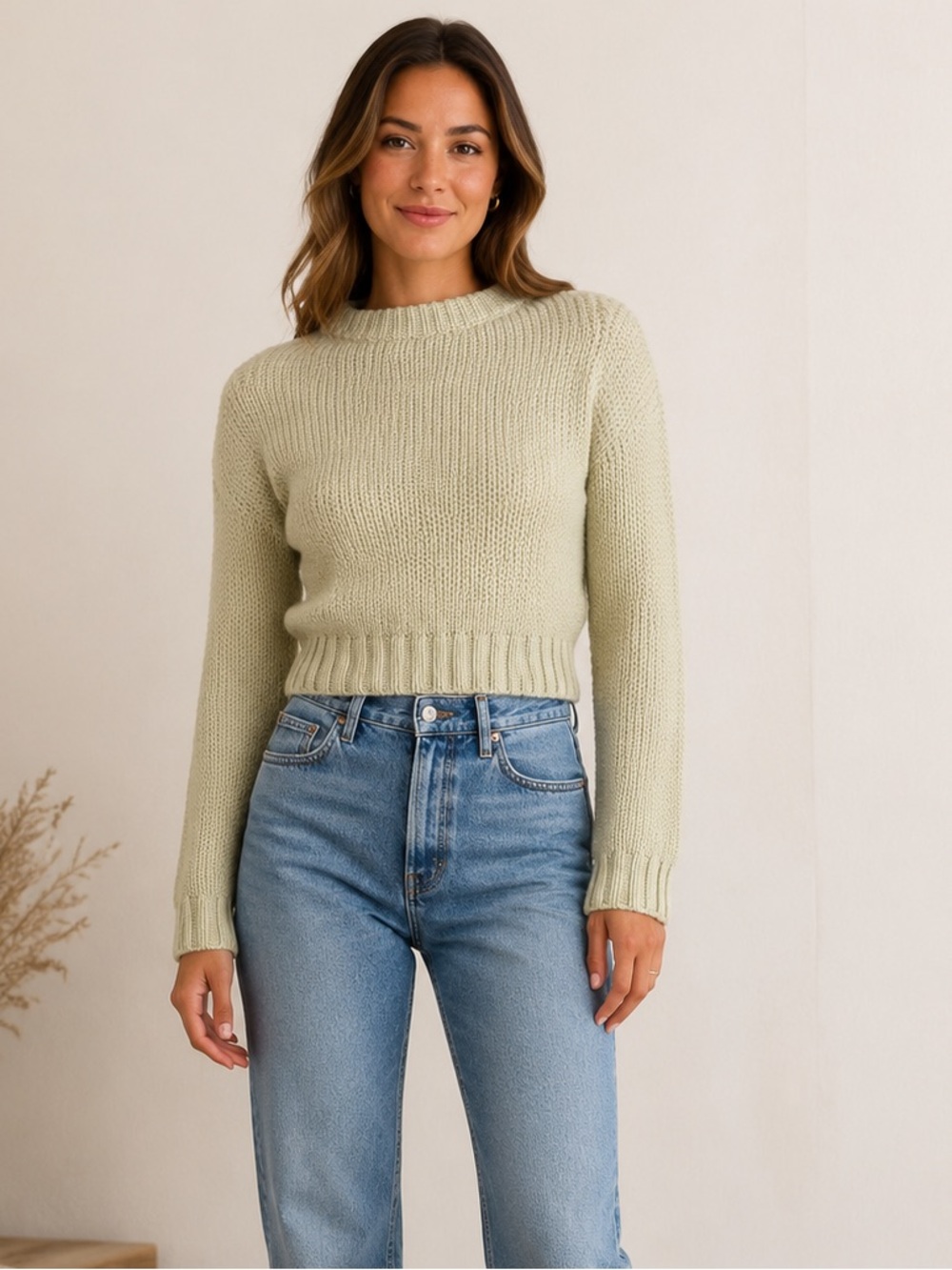 Zara Wool Blend Chunky Knit Cropped Sweater Women’s Small Sage Green Cozy